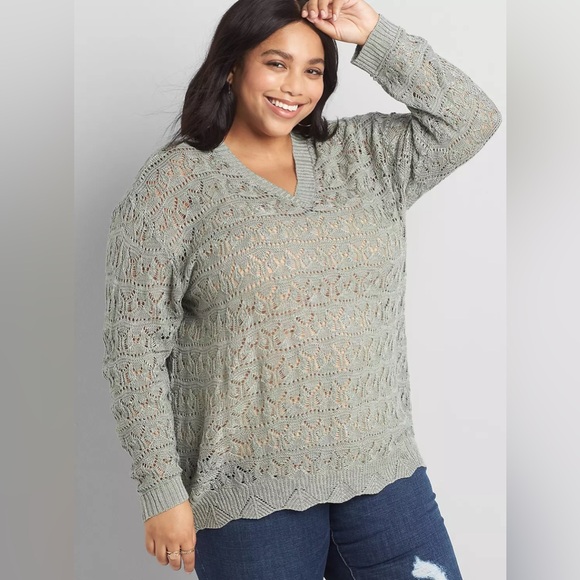 Lane Bryant 22/24 Pointelle Double V-neck Pullover Sweater Neutral Greenish Gray - Picture 1 of 9